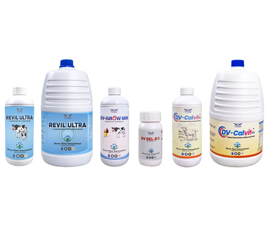 Devee veterinary products in Bangladesh – Revil Ultra, DV-Grow Min, DV-Sel-E and DV-Calvit animal nutrition supplements by SK Roza Ltd